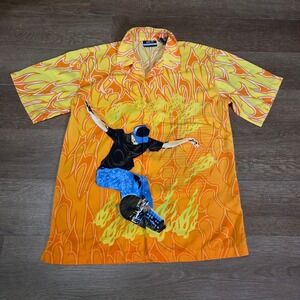 Y2k J/E/T STRTRWR Mens Large Button Up Shirt Skater Flames Short Sleeve